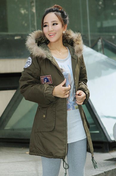 Free shipping- Army Green large fur collar wadded jacket outerwear women's medium-long thickening winter Snow Wear