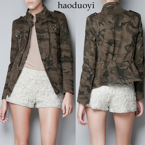 Free shipping army jacket with diamond decoration in pocket