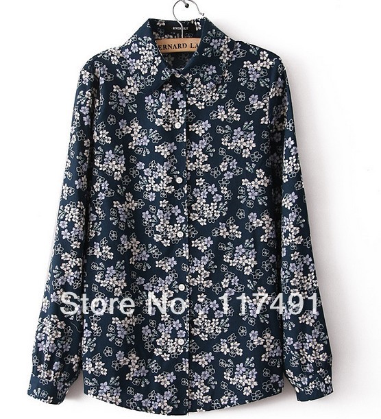 free shipping aso*2013 brand style Blue-print Cherry Blossoms Shirt with small floral retro Blouse female OL designer Top ft216