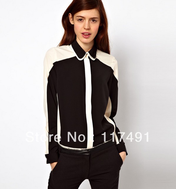 free shipping aso* 2013 spring Explosion models hit color double lapel long-sleeved blouses/shirt  Classic black and white ft098