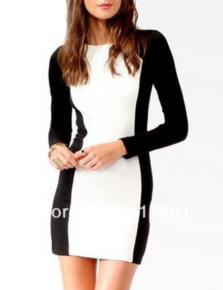 free shipping aso* Black and white stitching hit/collision color long - sleeved dress Slim Stretch base/basic mini dress ft097