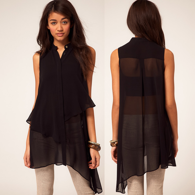 Free Shipping Asymmetrical sweep sleeveless black double layer chiffon shirt stand collar female shirt 6 full