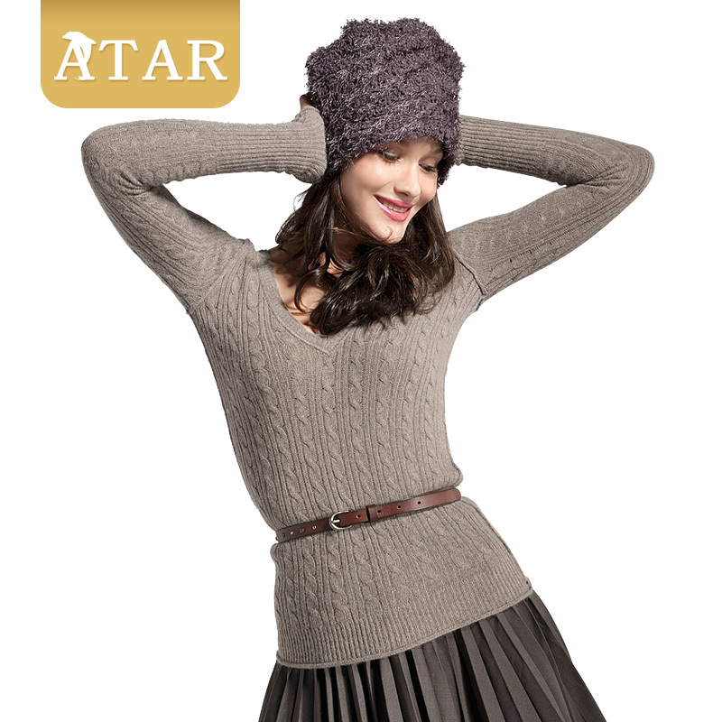 free shipping Atar 2013 women's grey deep v neck knitted basic shirt slim short sweater z008