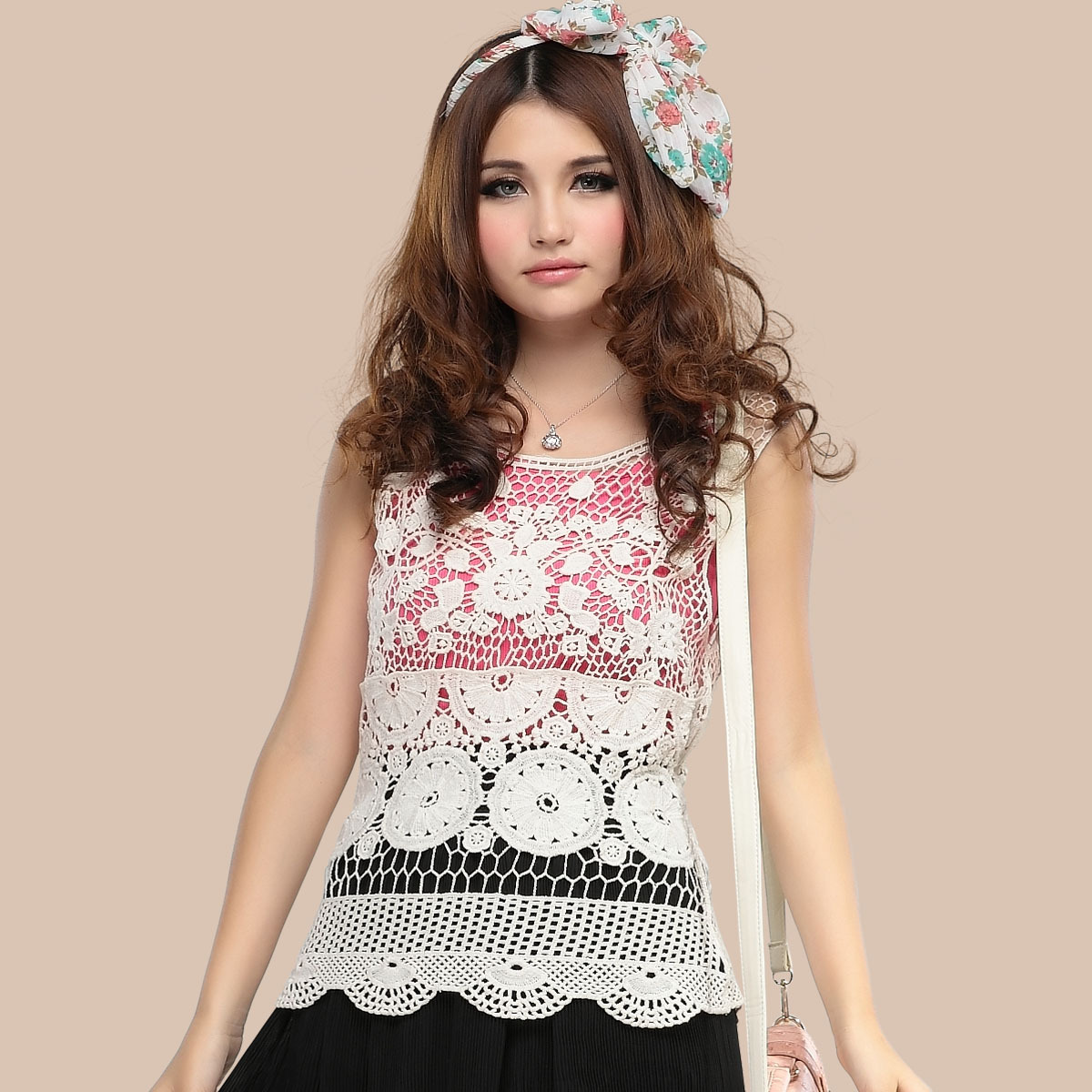 free shipping Autumn 100% cotton sleeveless elegant clothing slim crochet lace cutout sweater 337 Christmas gift