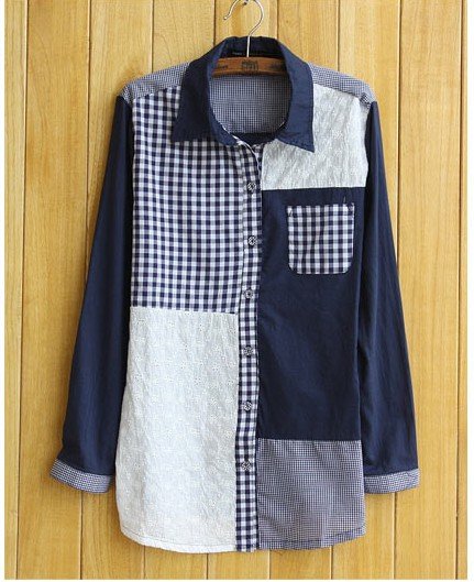 Free shipping-Autumn 2012 women's blouse fresh slim plaid patchwork pocket  turn-down collar long-sleeve shirt