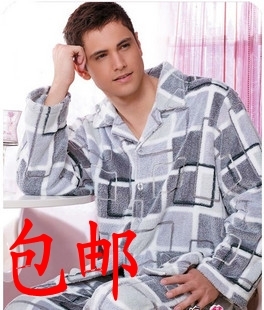 Free Shipping, Autumn and winter 100% cotton thickening coral fleece male stripe plaid sleepwear lounge set