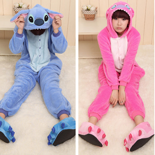 free shipping Autumn and winter belt cartoon stitch with a hood one piece sleepwear lovers coral fleece