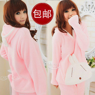 Free Shipping, Autumn and winter cartoon thickening coral fleece sleepwear women's long-sleeve lounge set