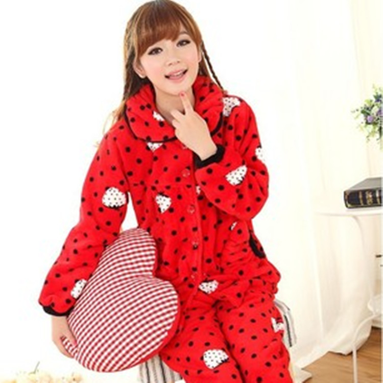 Free Shipping, Autumn and winter coral fleece sleepwear female 100% cotton long-sleeve thickening lounge set