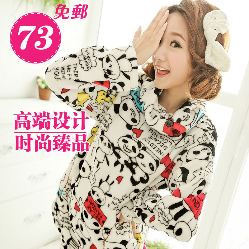 Free shipping Autumn and winter coral fleece sleepwear female thickening thermal cartoon panda lounge set