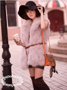 (Free shipping) Autumn and winter fashion normic luxury fur long vest female belt 2721