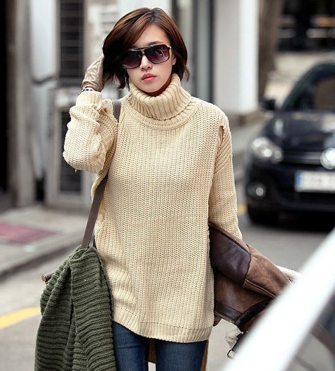 Free Shipping   autumn and winter fashion turtleneck cutout loose low-high all-match sweater 2156 MY