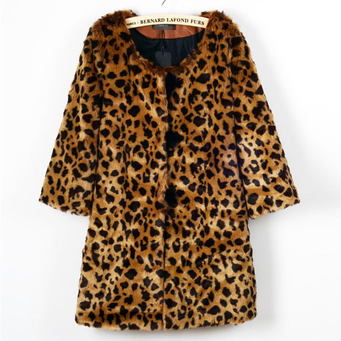 free shipping Autumn and winter fur coat o-neck three quarter sleeve medium-long outerwear leopard print fur coat