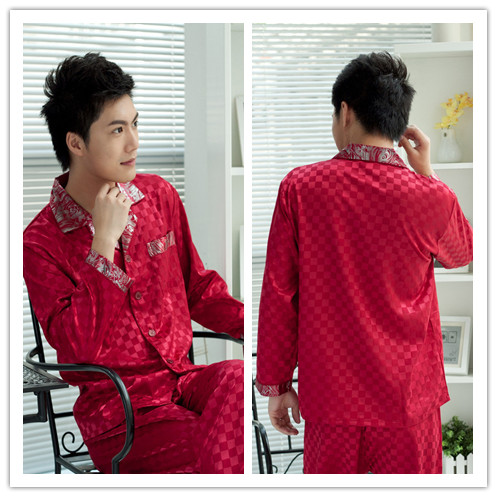 free shipping Autumn and winter male lovers sleepwear faux silk pajama pants cardigan plaid long-sleeve twinset