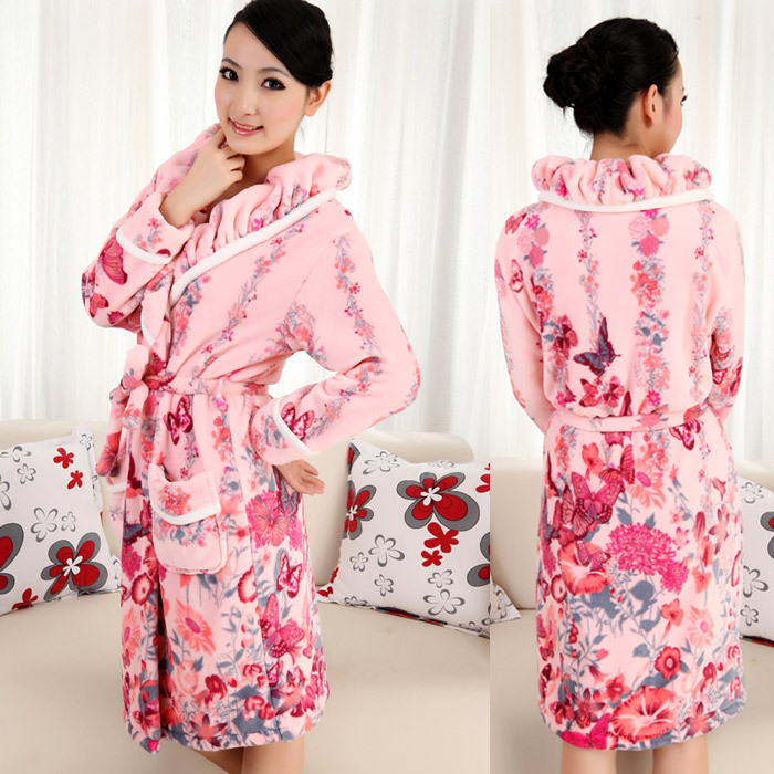 free shipping Autumn and winter pink quality flannel thickening long robe women's coral fleece sleepwear lounge