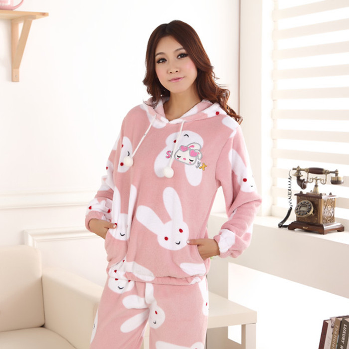 Free shipping Autumn and winter plus size thickening coral fleece rabbit sleepwear women's long-sleeve lounge sleep set