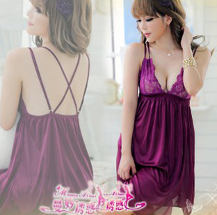 free shipping Autumn and winter purple lace sexy spaghetti strap nightgown derlook sleepwear sexy sleepwear temptation