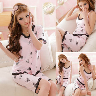 free shipping Autumn and winter sexy sleepwear Women 100% cotton long-sleeve short-sleeve rose piece set lounge set