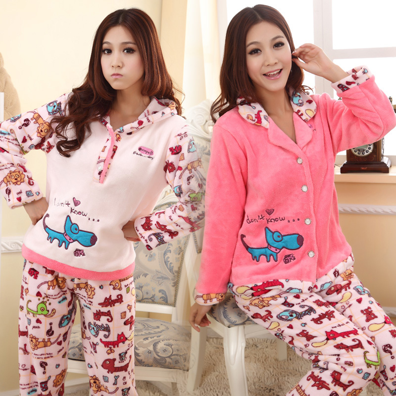 Free Shipping, Autumn and winter sleepwear coral fleece women's long-sleeve cartoon winter thickening lounge set