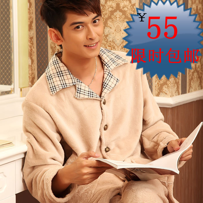 Free Shipping, Autumn and winter thickening coral fleece casual male sleepwear long-sleeve 100% cotton set lounge