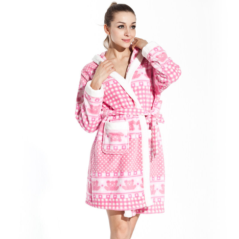 Free Shipping Autumn and winter thickening flannel soft women's robe lacing with a hood coral fleece sleepwear lounge