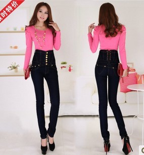 Free shipping,autumn and winter vintage high waist jeans women's skinny pants buttons pencil pants plus size trousers