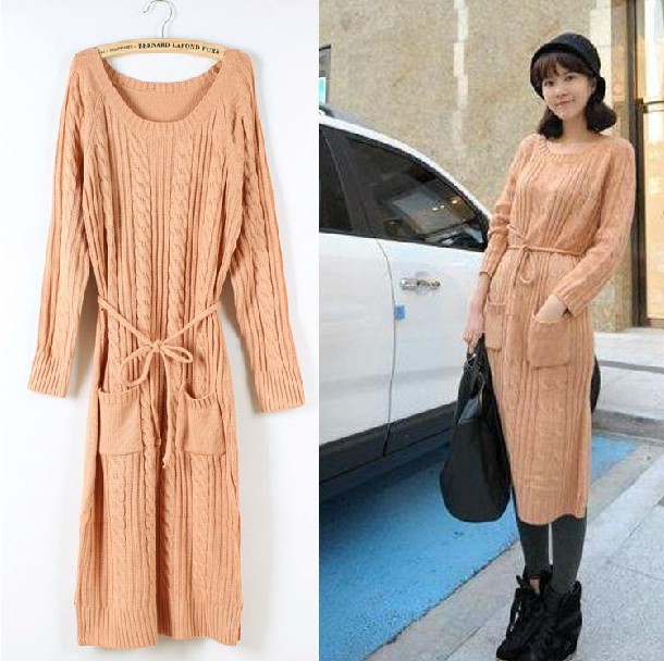 free shipping ~ autumn and winter vintage twisted o-neck slim waist lacing pocket knitted sweater one-piece dress full dress