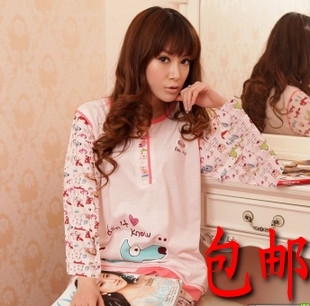 Free Shipping, Autumn and winter women's 100% cotton print long-sleeve lounge sleep set