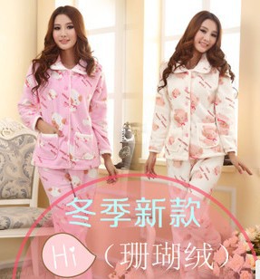 Free shipping Autumn and winter women's long-sleeve coral fleece thickening sleepwear female cartoon thermal lounge set