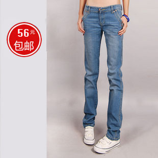 Free shipping Autumn blue loose jeans female thin straight pants denim women's trousers