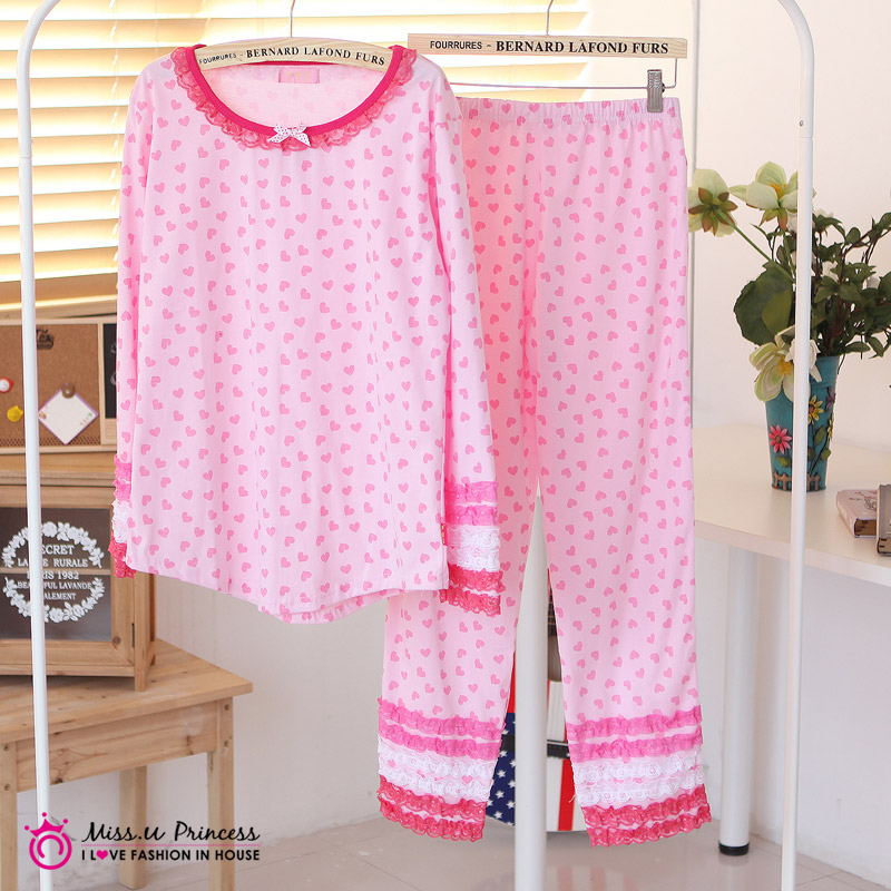 Free shipping  autumn cotton long sleeve length pants set women's sleepwear small heart