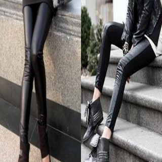 Free shipping Autumn fashion leather after cotton patchwork legging matte faux leather slim ankle length trousers female black