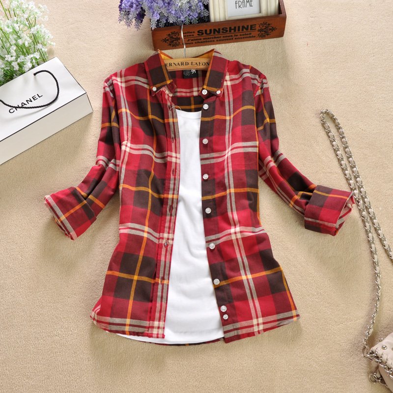 free shipping autumn fashion long-sleeve button plaid shirt female zps194