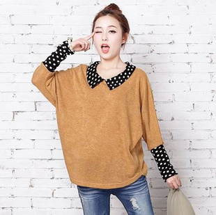 Free shipping Autumn fashion maternity clothing dot turn-down collar maternity top loose plus size maternity batwing shirt