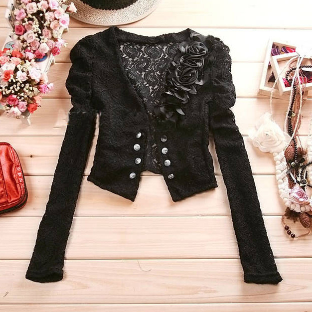 Free Shipping Autumn gentlewomen full lace rose cutout bubble long-sleeve short coat 7844 design LDX