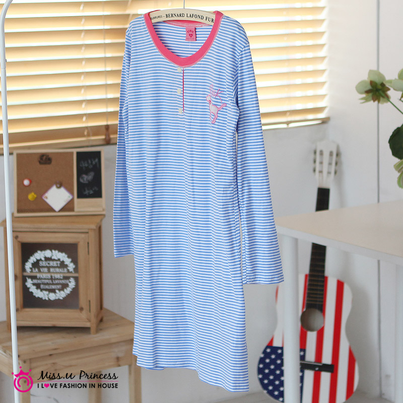 Free shipping  autumn horizontal stripe nightgown women's derlook nightgown small horizontal stripe