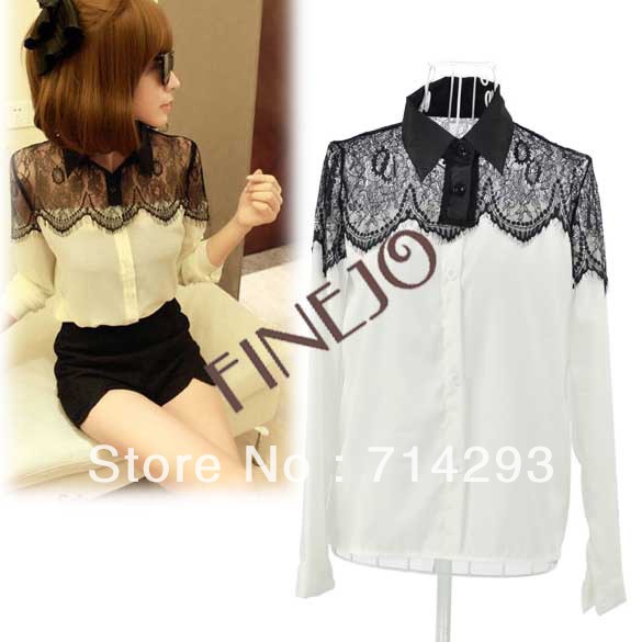 Free Shipping autumn lady small long sleeve chiffon Shirt Blouse Women's black lace shirt 6747