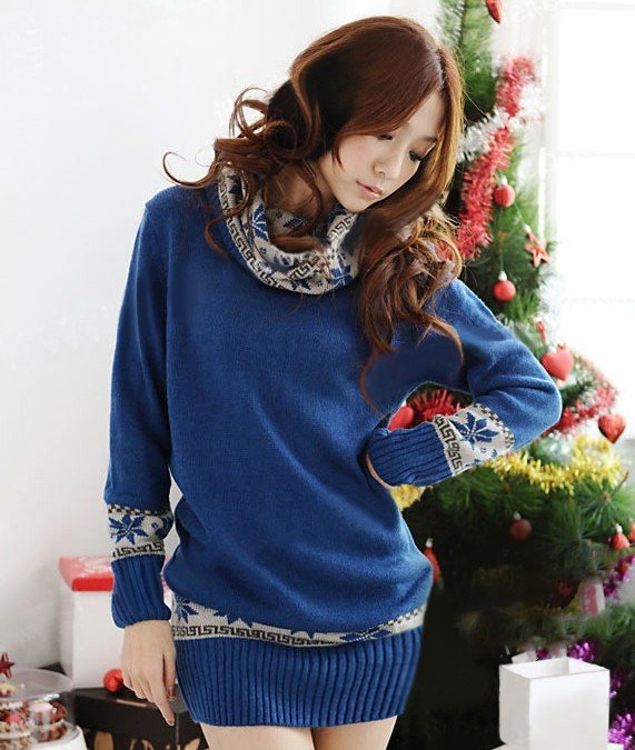 Free Shipping Autumn Lady snowflake Higher Collar Long Sweater P773