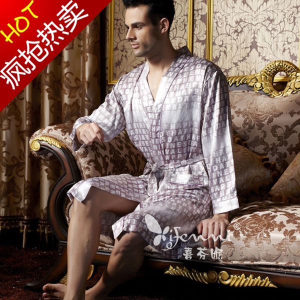 Free Shipping Autumn male long-sleeve silk sleepwear robe bathrobes plus size sexy silk lounge 17205