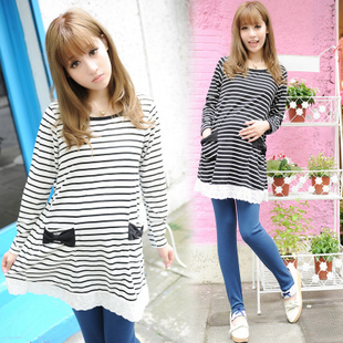 Free shipping Autumn maternity clothing maternity top pocket bow stripe maternity t-shirt 12200