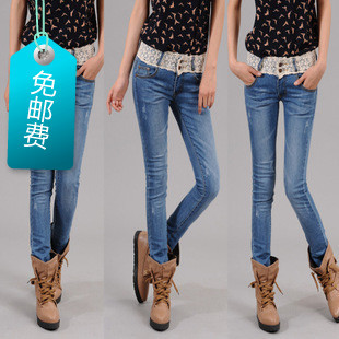 free shipping Autumn new arrival breasted tight elastic slim pencil pants female denim long trousers