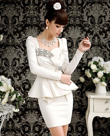 Free Shipping Autumn New Arrival Elegant Gemstone Bowknot Decorated Slim Dress White