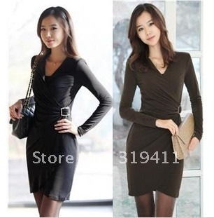 Free shipping autumn new arrival one-piece dress women's elegant noble V-neck long-sleeve slim hip waist one-piece dress