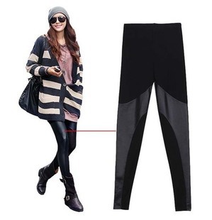 Free shipping Autumn new arrival patchwork black cotton legging ankle length trousers cotton patchwork faux leather pants female