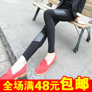 Free Shipping Autumn new arrival slim legging leather patchwork legging female ankle length legging Christmas