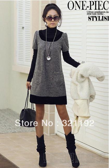 Free shipping autumn new arrival women's autumn o-neck grey short-sleeve plus size woolen one-piece dress