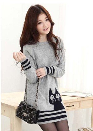 Free shipping autumn pure Knit long sleeve Long paragraph Women's Turtleneck Cat Design Sweaters   D-98-352