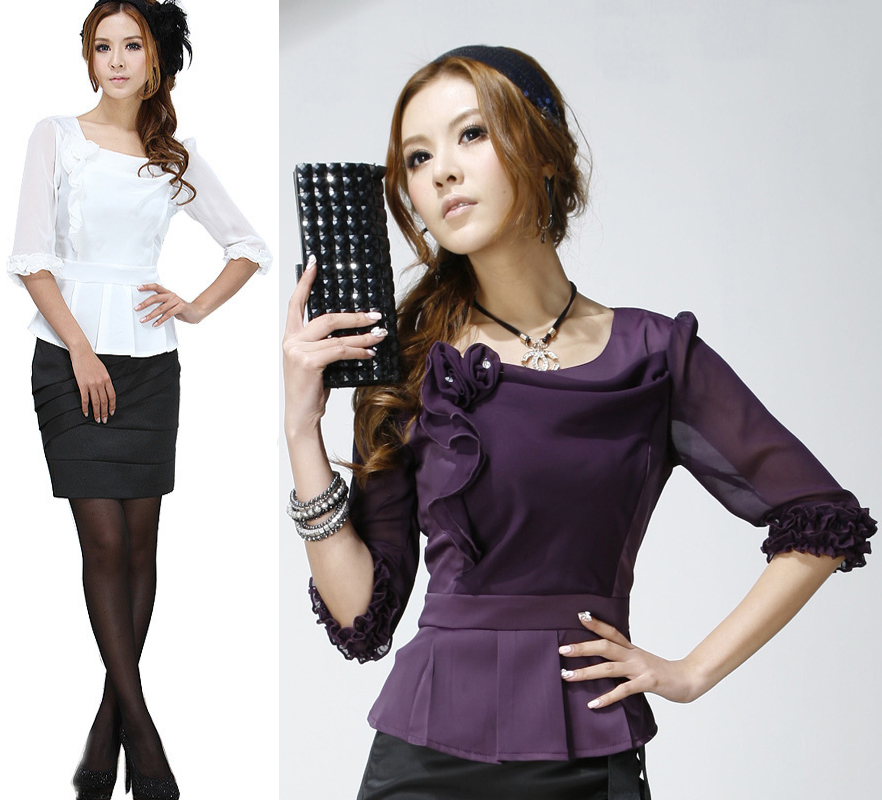 Free shipping Autumn slim half sleeve chiffon shirt fashion ol shirt purple women's professional shirt skirt