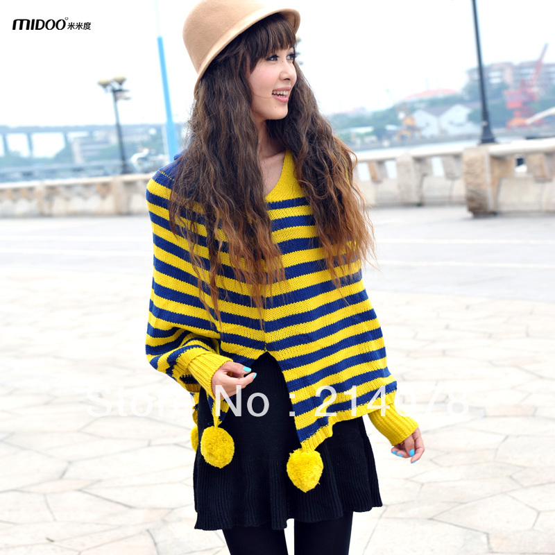 FREE SHIPPING Autumn spring female fresh striped tassel cloak shrug loose sweater pullover  with a hood 2 color