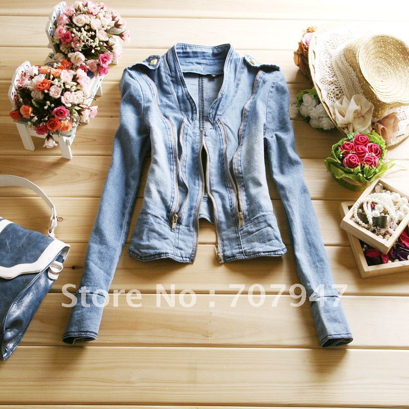 Free shipping Autumn stand collar jeans jacket women with zipper decoration elastic water wash denim coats and jackets outerwear